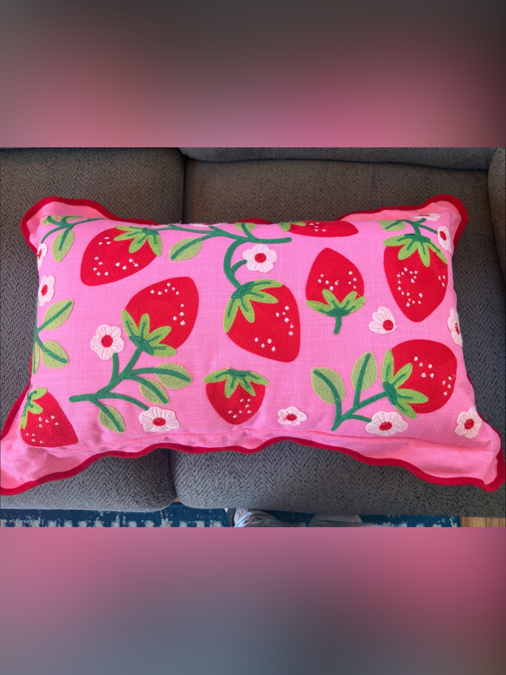 Nautica Pink Strawberry Embroidered Decorative Pillow